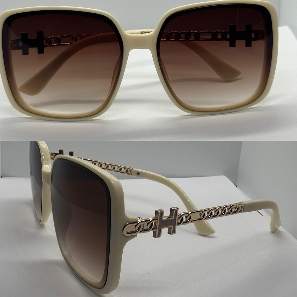NWT Chic Oversized Square "H" Chain Leg Cream Beige Gradient Sunglasses UV400